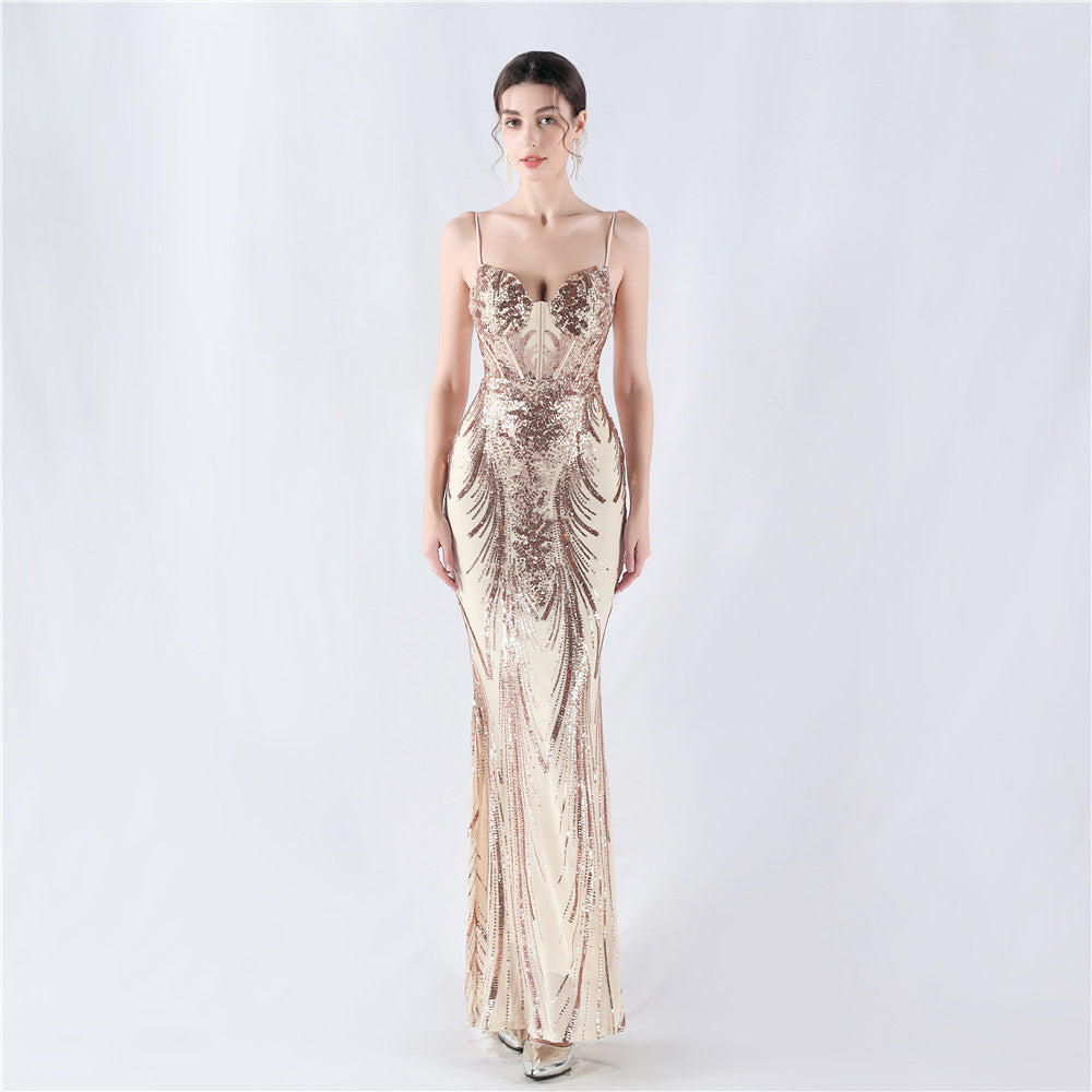 Shaping Waist Fishbone Sequined Positioning Flower Evening Dresses