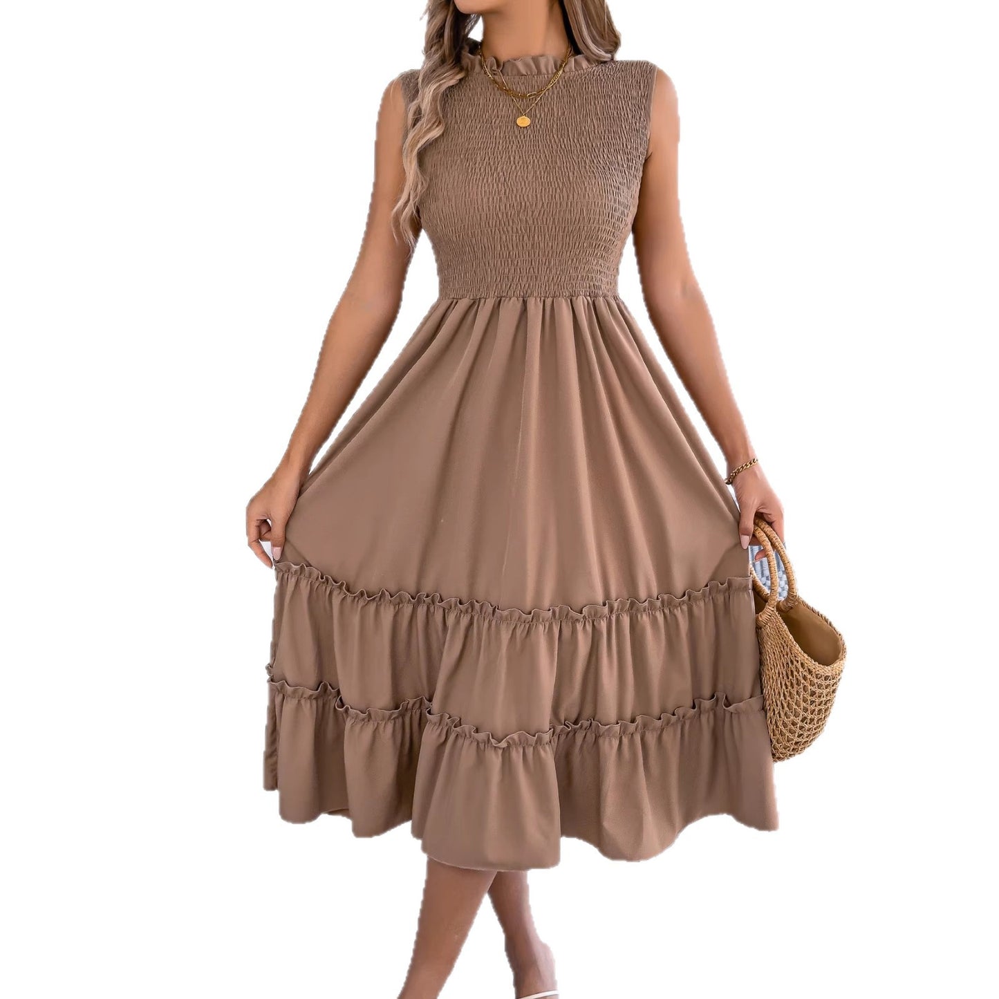 Women's Casual Sleeveless Smocking Wooden Ear Large Clothing
