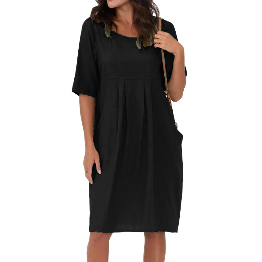 Women's Summer Cotton Linen Pleated Pocket Casual Loose Round Neck Dress