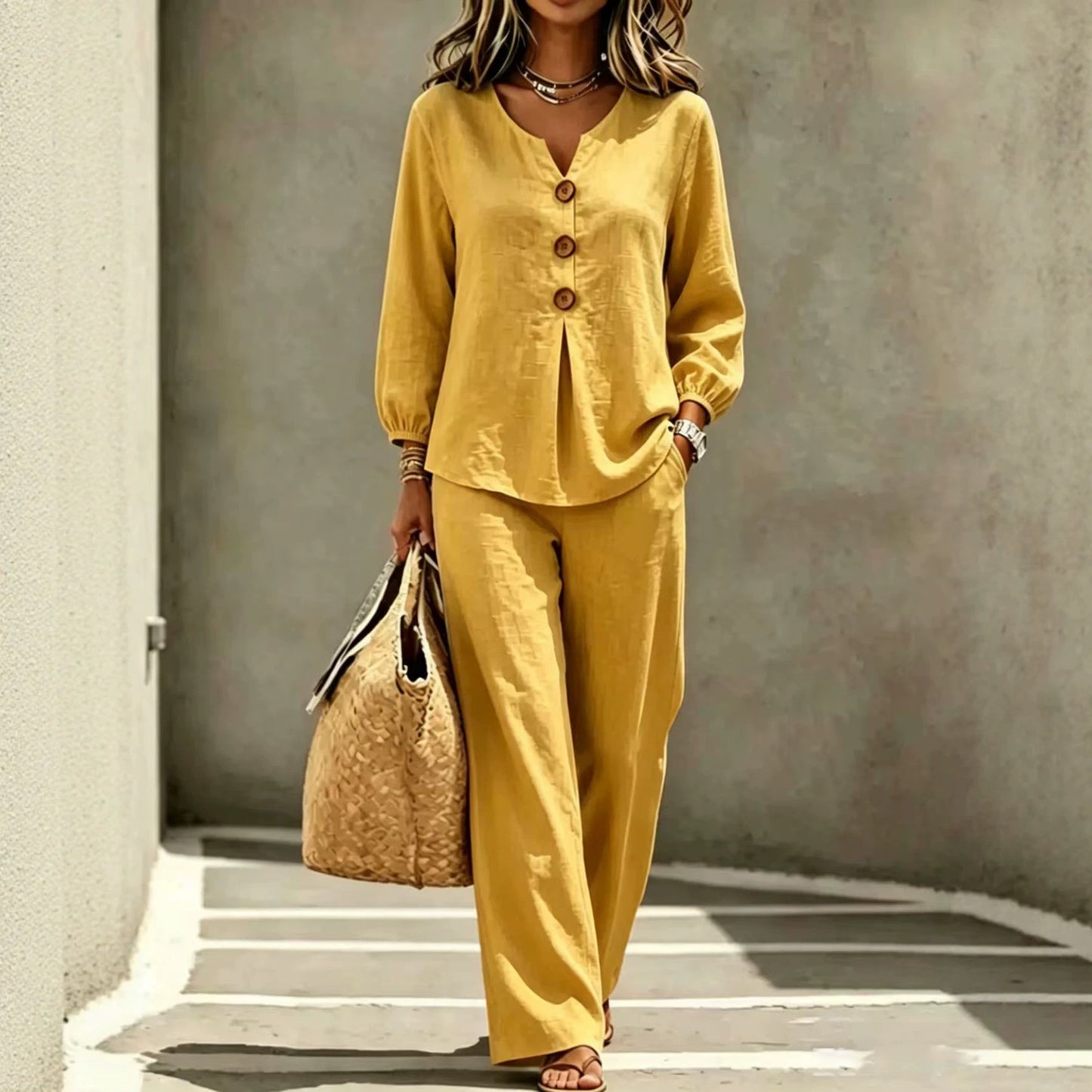 Women's Button Flounce Long Sleeve Trousers Two-piece Fashion Casual Suit