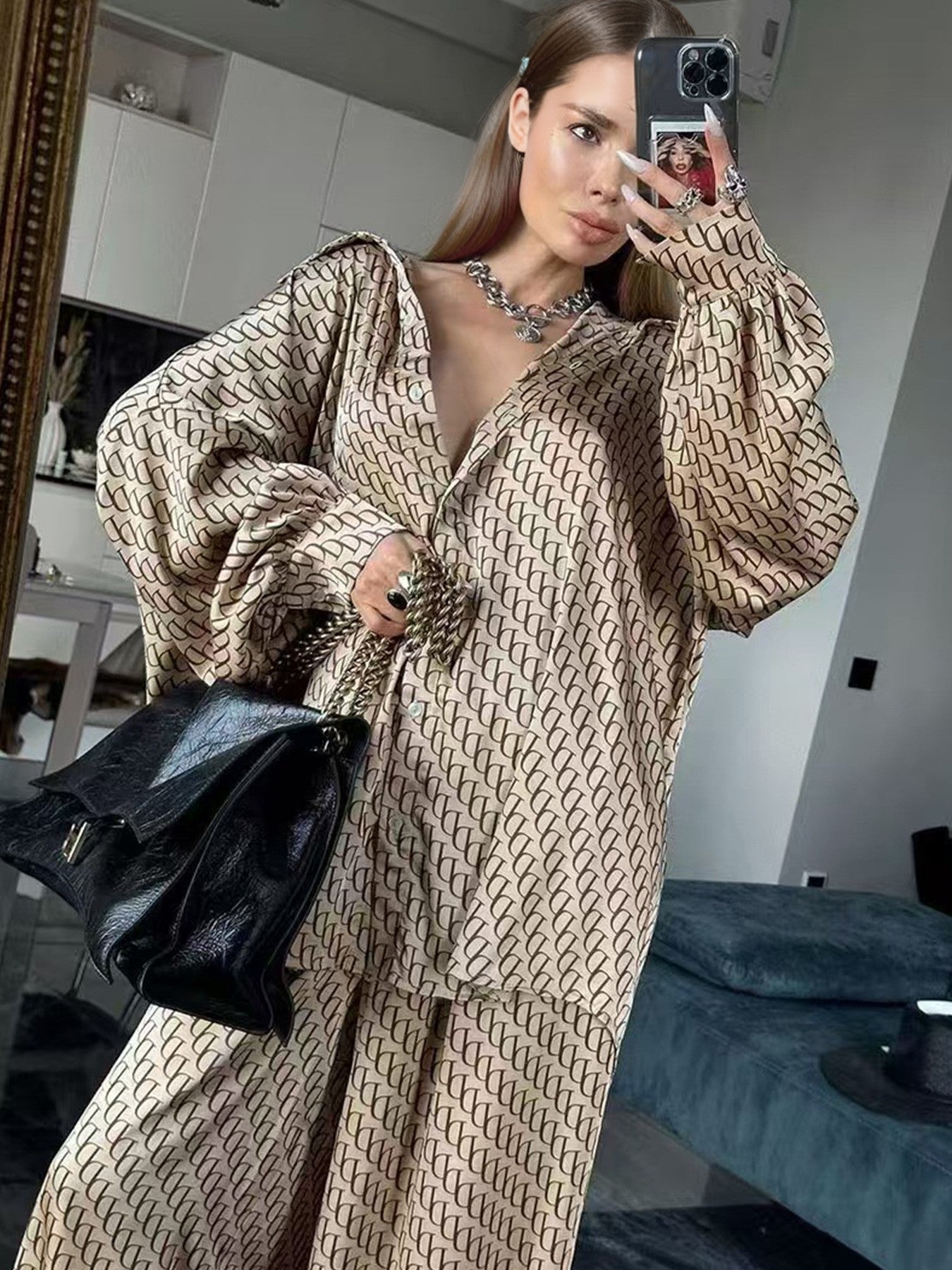 Women's Printed Loose Comfortable Long Sleeve Trousers Suits