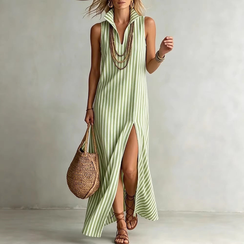 Striped Stand Collar Sleeveless Split Long Dress