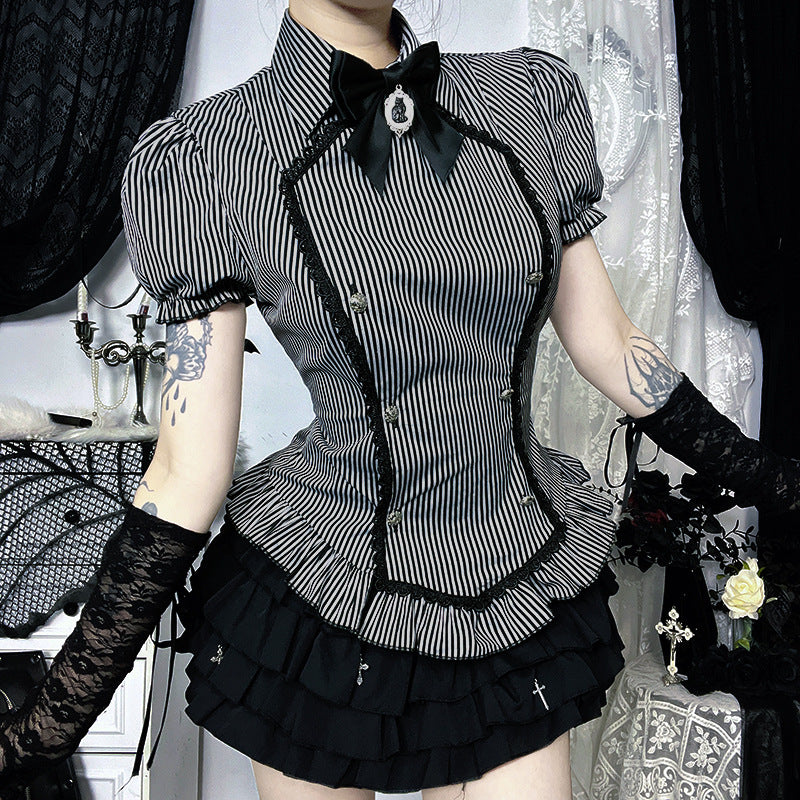 Dark Goth College Short-sleeved Shirt Sweet Blouses