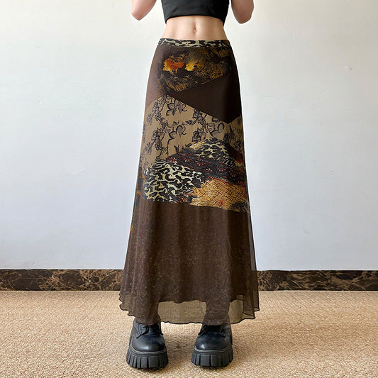 Vintage Style Plant Flower Print Contrast Color Skirts