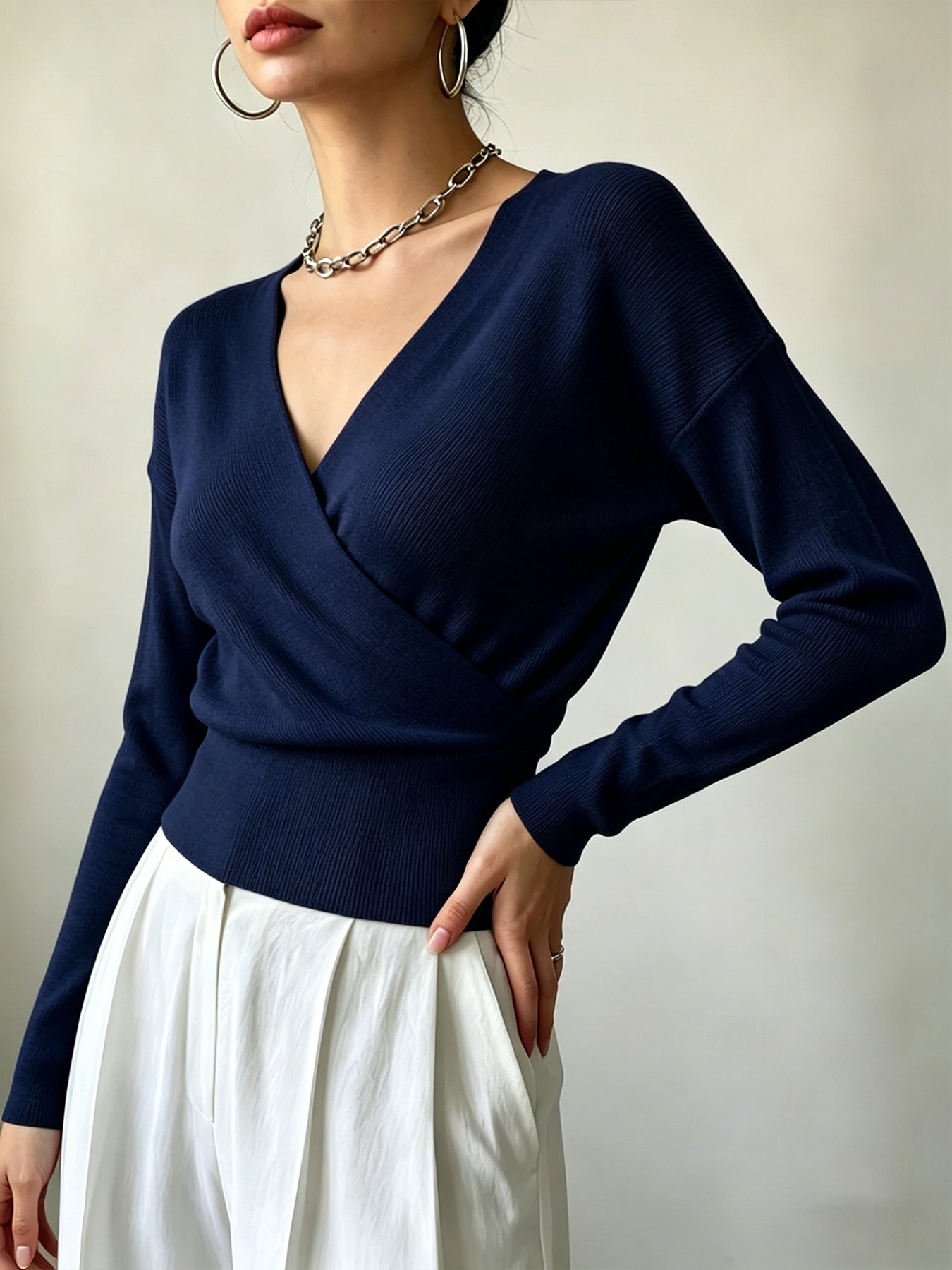 Women's Solid Color Fashion Cross Collar Tight Waist Design Show Figure Sweaters