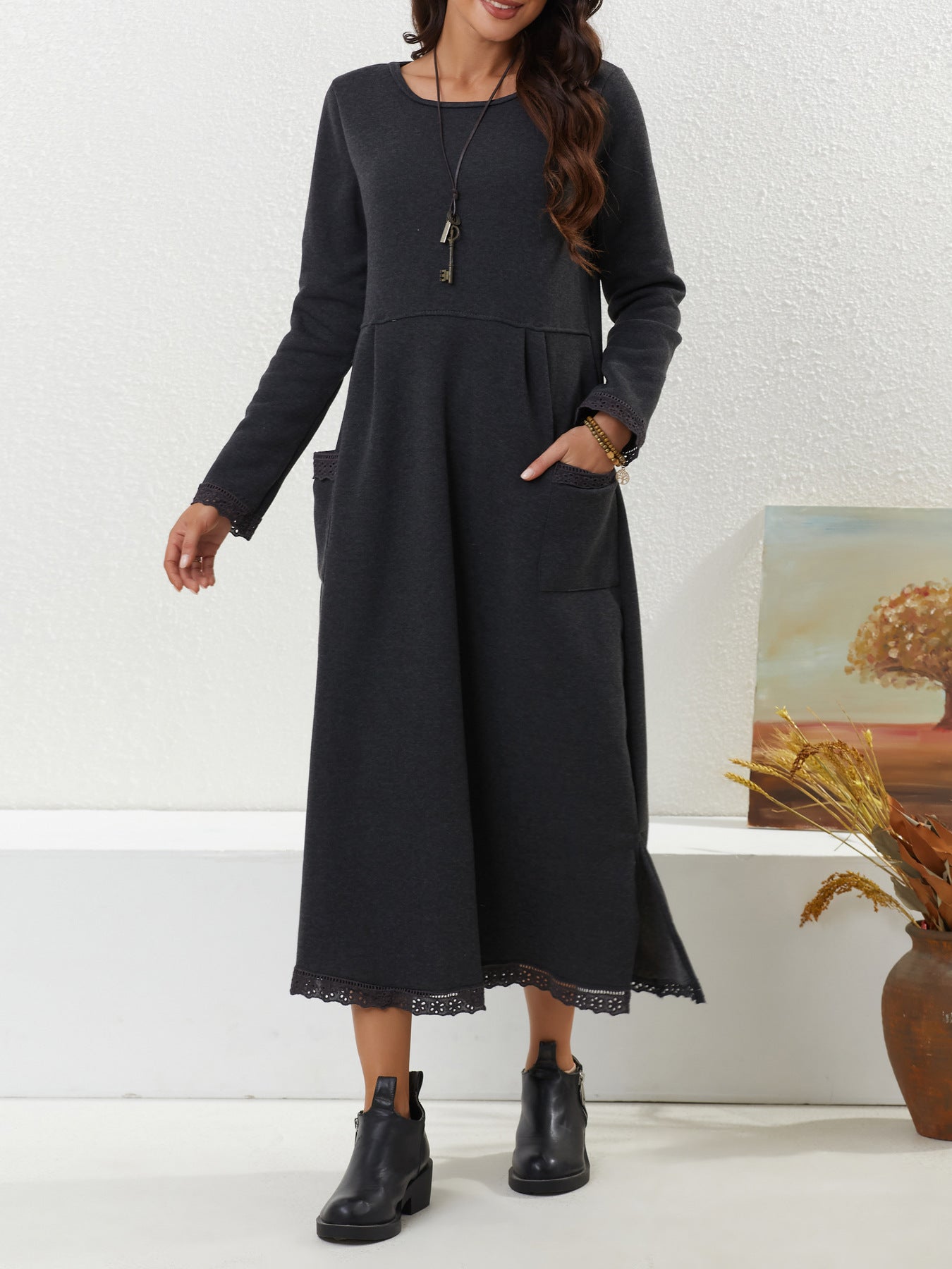 Autumn Loose Oversized Knit Lace Brushed Hoody Dress