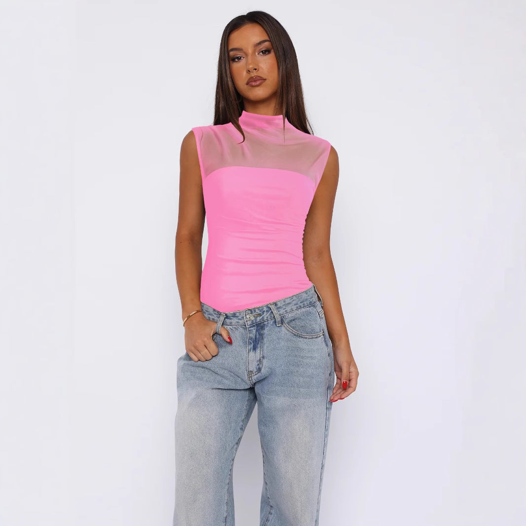 Women's Summer Half Collar Pure Color Mesh Tops