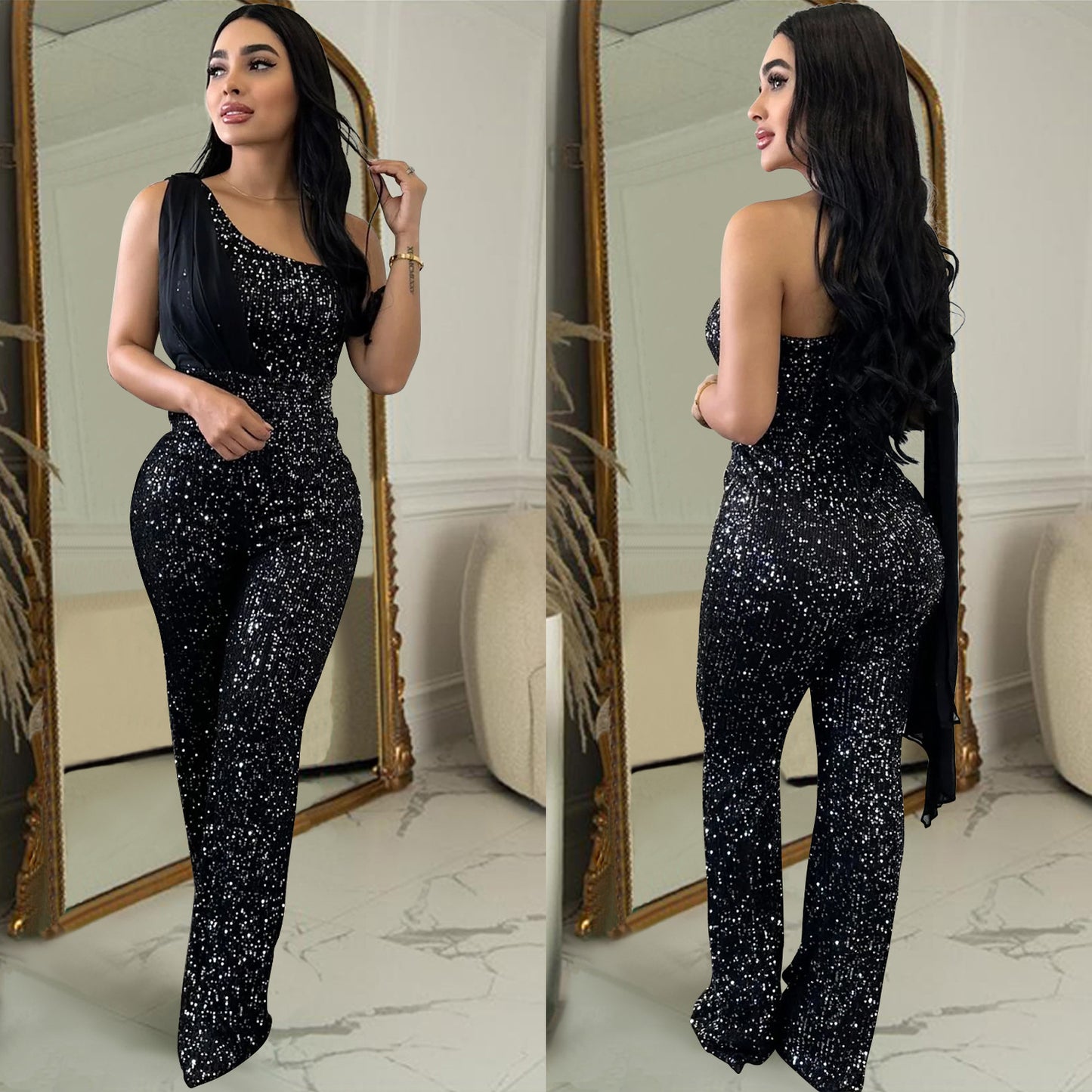 Women's Fashion Wear Solid Color Sleeveless Sequined Jumpsuits
