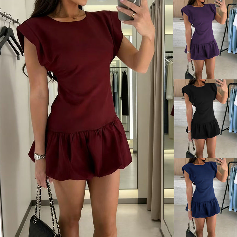Women's Solid Color Fashion Short-sleeved Ruffled Dress