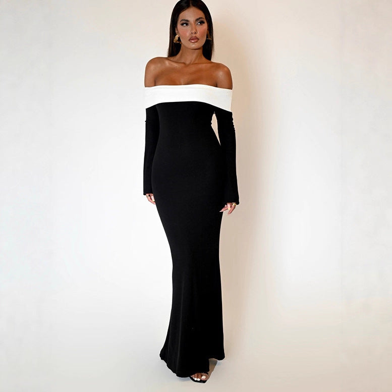 Women's Fashion Color Contrast Long Sleeve Narrow Dress