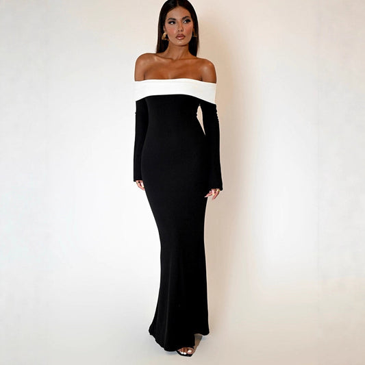 Women's Fashion Color Contrast Long Sleeve Narrow Dress