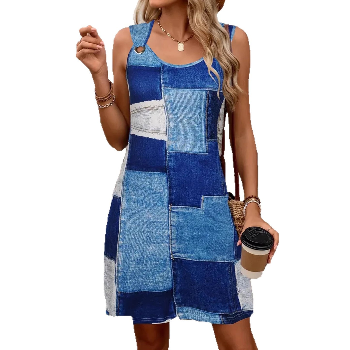 Women's Trendy Denim Print Sleeveless Buckle Dress