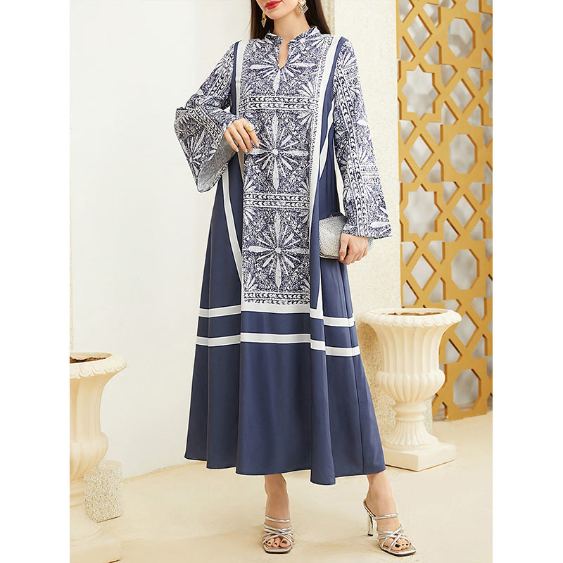 Women's Patchwork Contrast Color Retro Pattern Robe Dress
