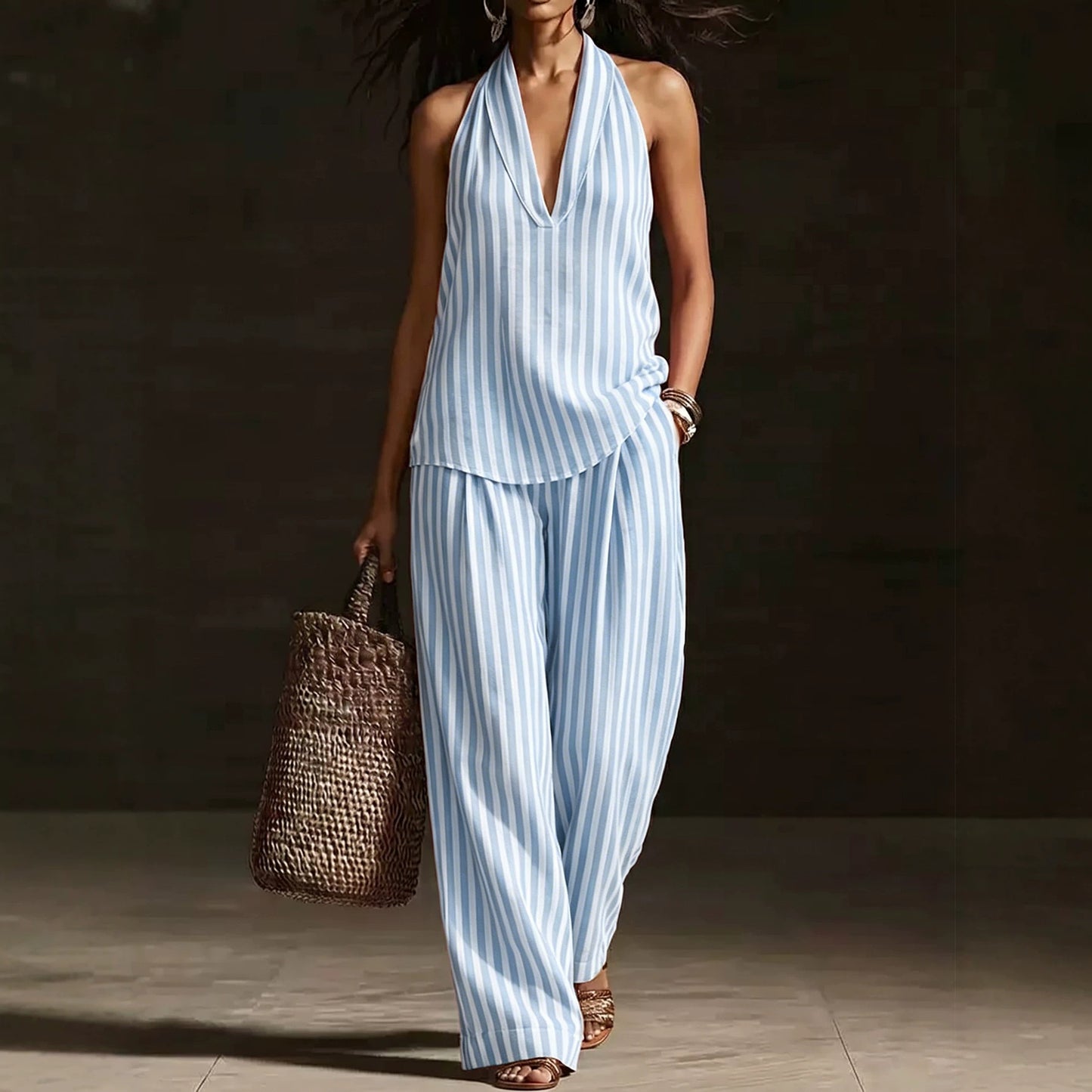 Striped Halter Sleeveless Cotton Linen Two-piece Fashion Casual Suit