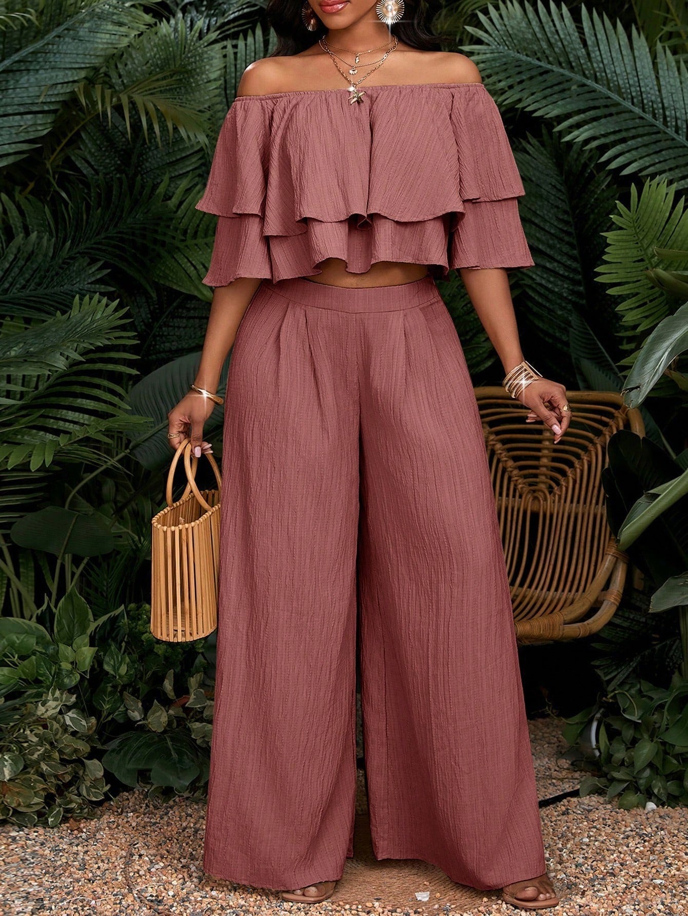 Ruffled High Waist Wide Leg Two-piece Fashion Casual Suit