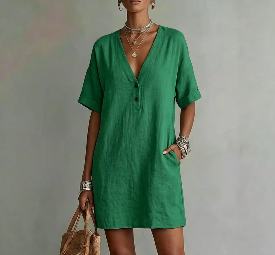 Summer Casual Comfortable Button Cotton Linen Dress