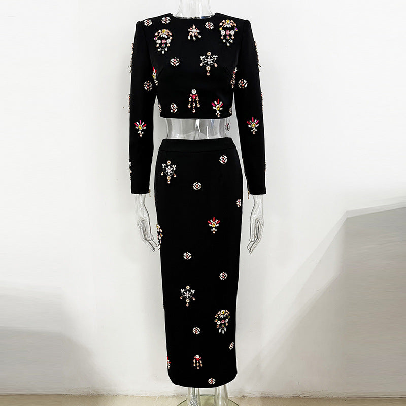 Bead Diamond Inlaid Dress Two-piece Set Fashion Casual Suit