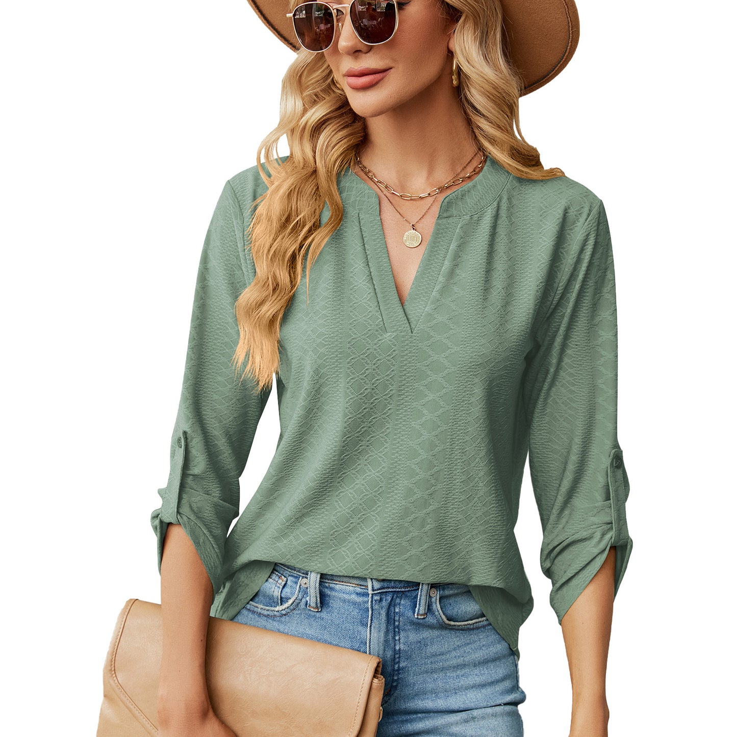 Women's Solid Color Three-quarter Sleeve Button Loose-fitting Tops