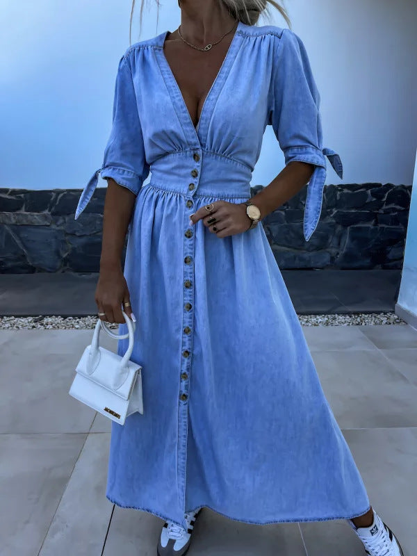 Women's Fashion Long Sleeve Loose Denim Button Dresses