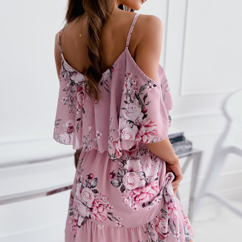 Women's Chiffon Printed Sexy Strapless Suspenders Large Hem Dress