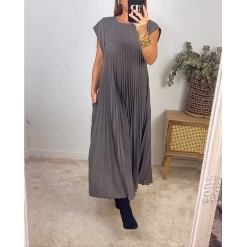 Women's Fashion Round Neck Sleeveless Pleated Dress Dresses