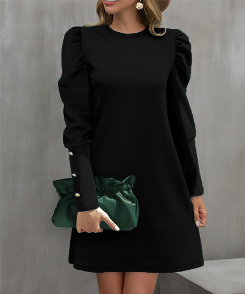 Women's Solid Color Round Neck Bubble Long Dress