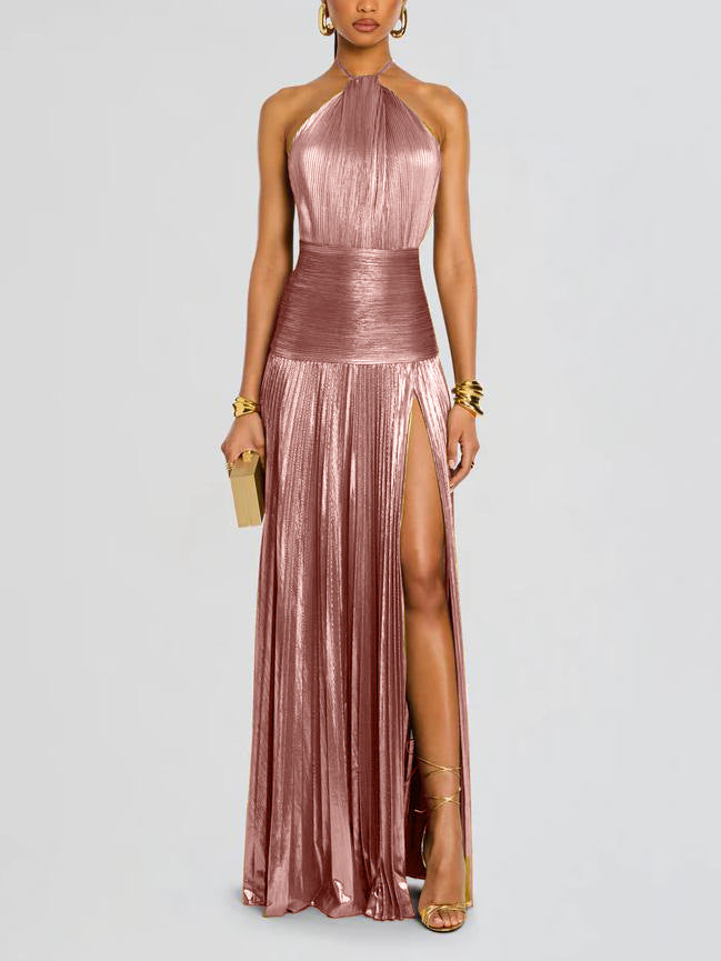 Women's Sleeveless Backless Metallic Pleated Split Halter Dresses