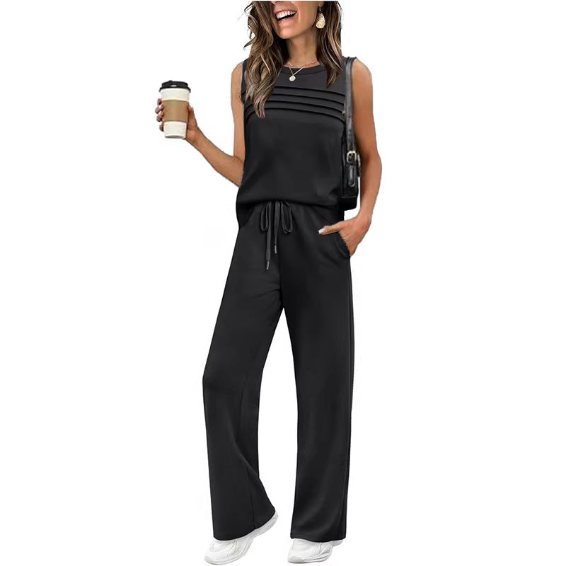 Trendy Glamorous Women's Pleated Two-piece Set Vests