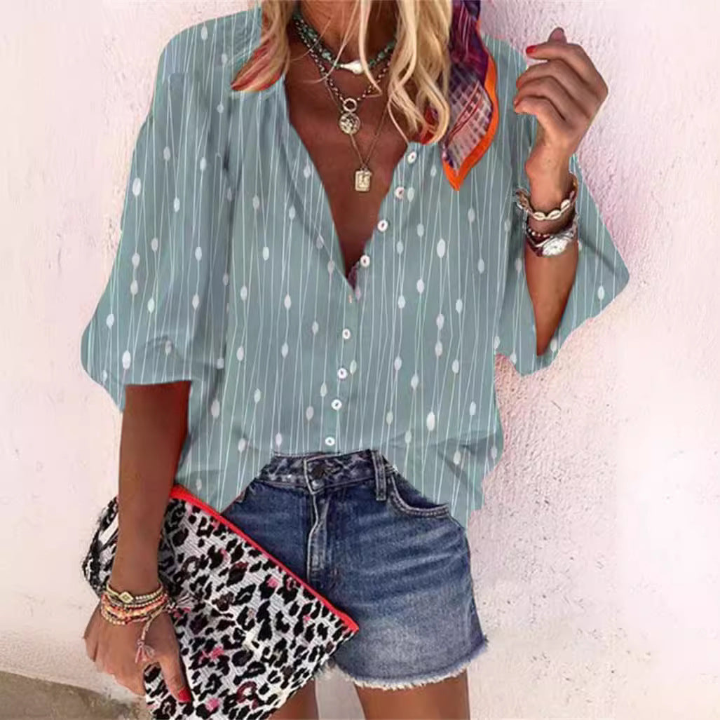 Women's Fashion Summer Stand Collar Loose Button Retro Blouses