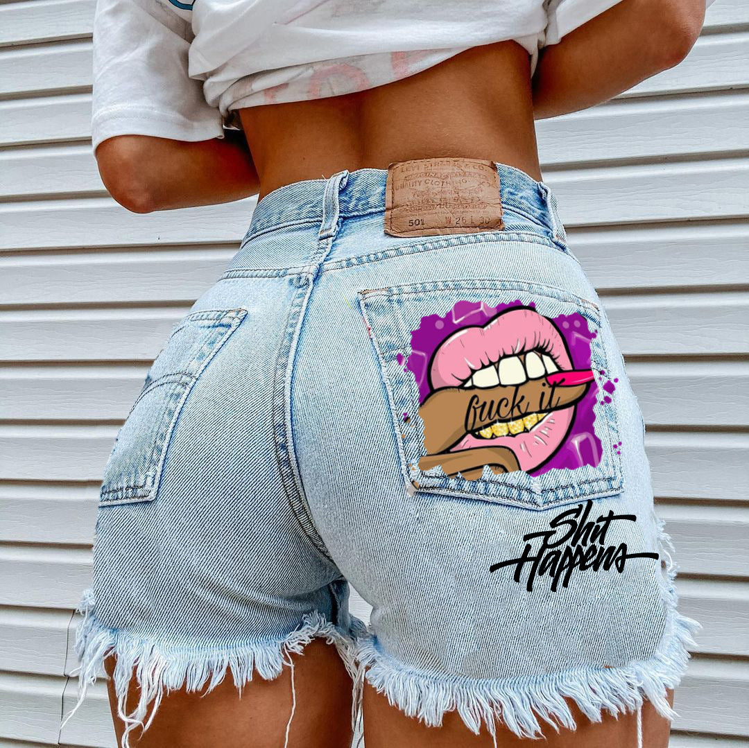 Women's Mouth Bite Finger Printed Fashion Holes Jeans