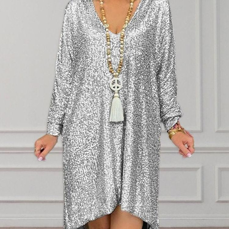 Short-sleeved Urban Casual Solid Color Loose Pullover Sequined Dresses