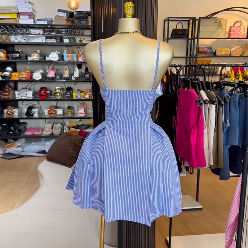 Women's Summer Fashion Elegant Blue Stripe Word Dresses