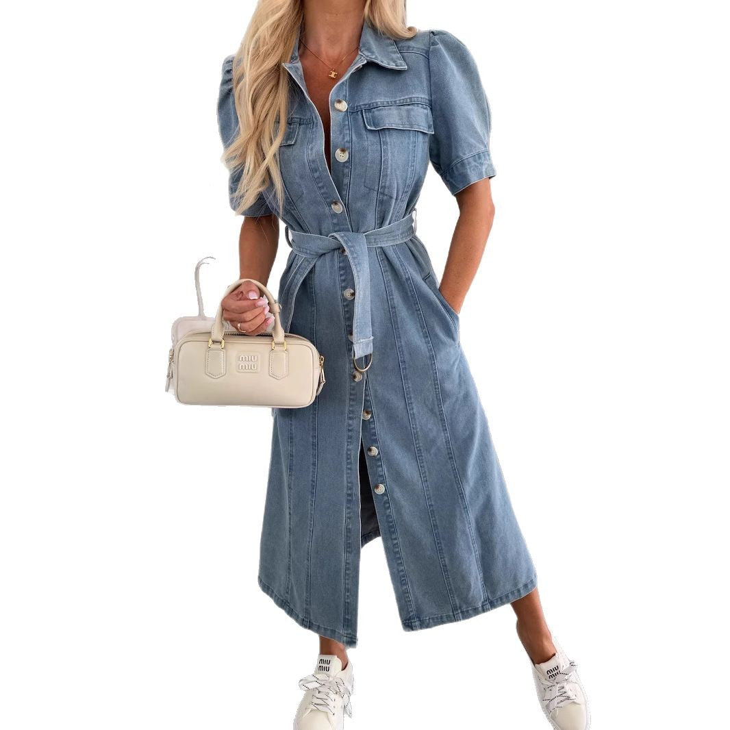 Women's Summer Lapel Tied Single-breasted Short-sleeved Denim Dresses