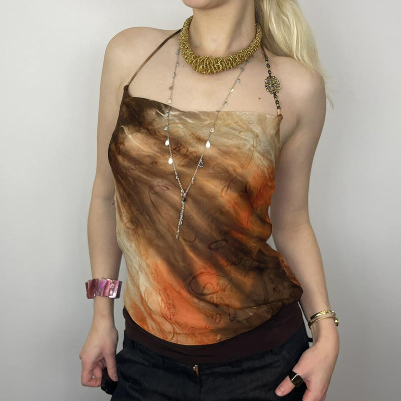 Color Printed Sexy Beaded Halter Backless Hot Tops