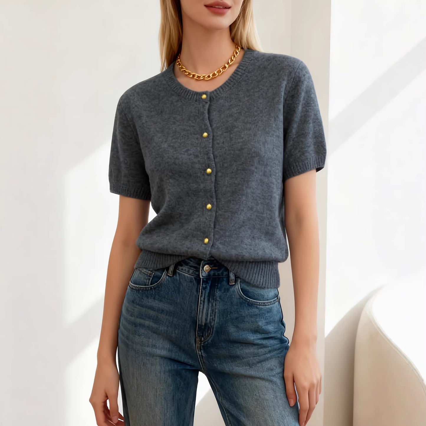 Women's Sleeve Knitted European Goods Round Neck Casual Cardigans