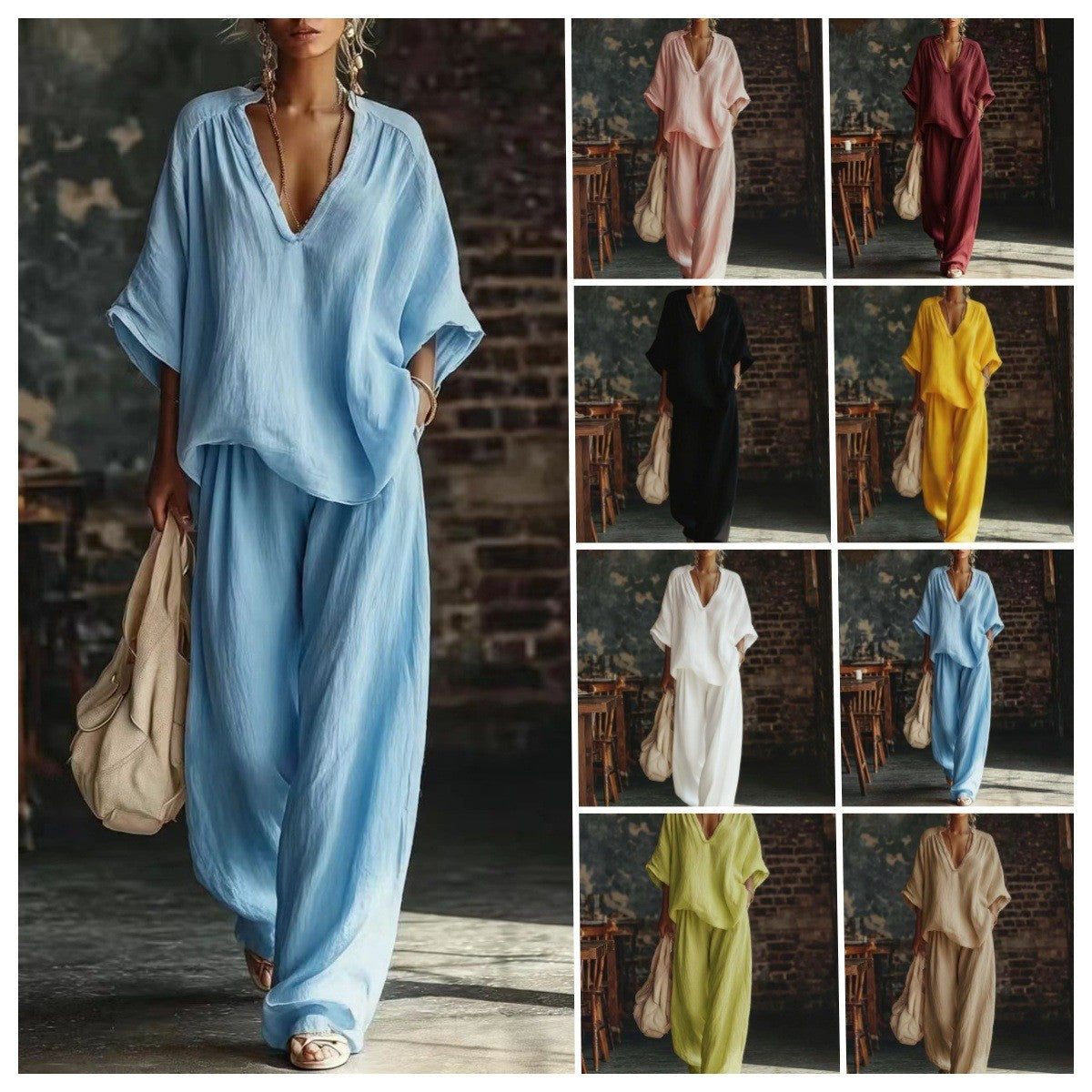 Women's Solid Color Loose Short-sleeved Trousers Two-piece Fashion Casual Suit