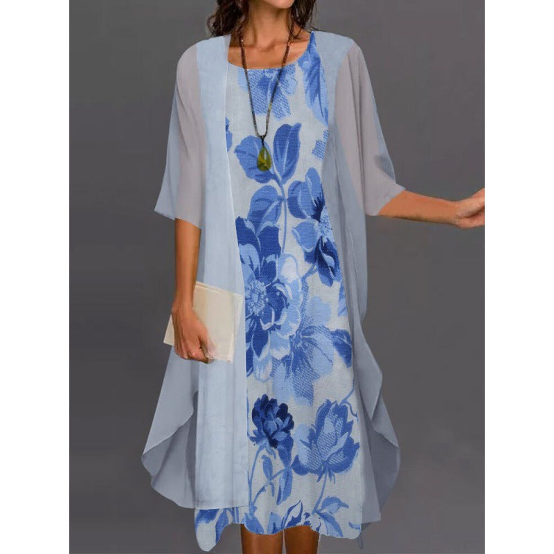 Women's Summer Casual Dress Two-piece Set Flowers Plants Printed Dresses