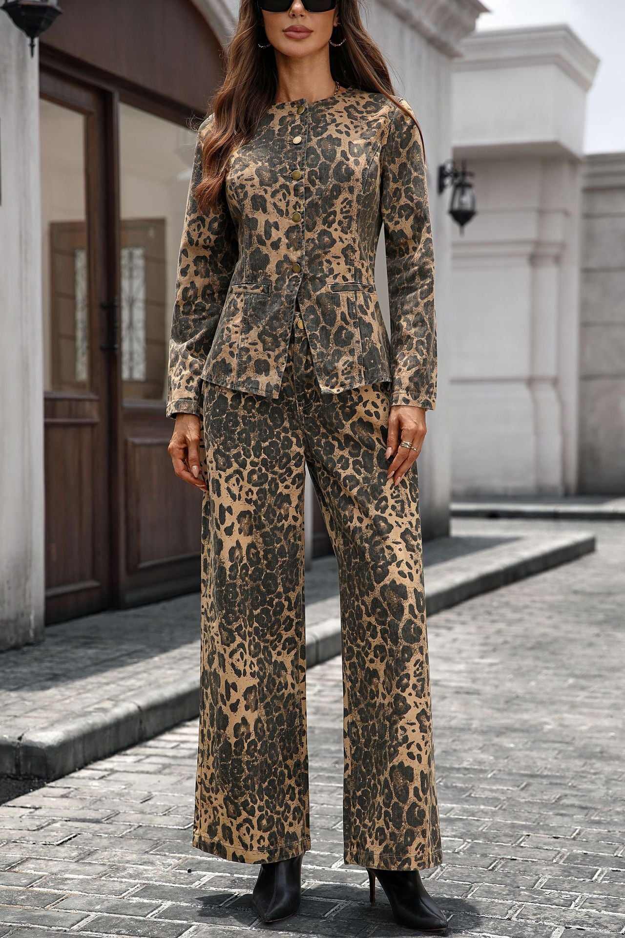 Classic Wash Long Sleeve Denim Trousers Fashion Casual Suit