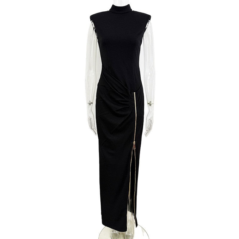Fashion Sleeveless Zipper Split Stretch Long Dress