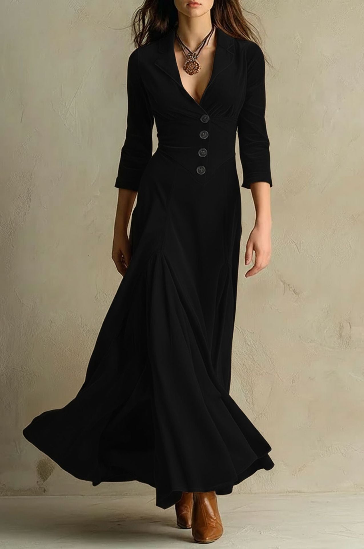 Women's Color Buttons Lapel Sleeve Maxi Waist Dress