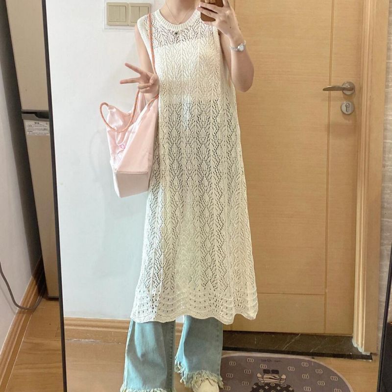Women's French Retro Ice Silk Summer Outer Sleeveless Mid-length Women's Sweater