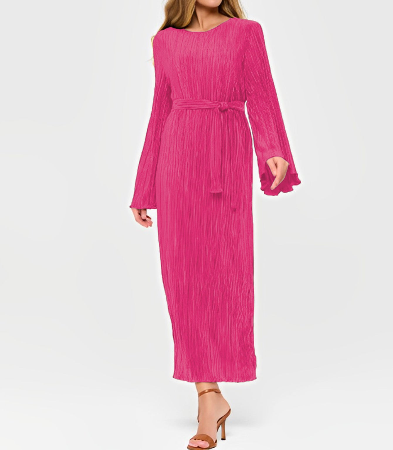 Women's Pleated Bell Sleeve Crew Neck Casual Holiday Idle Dress