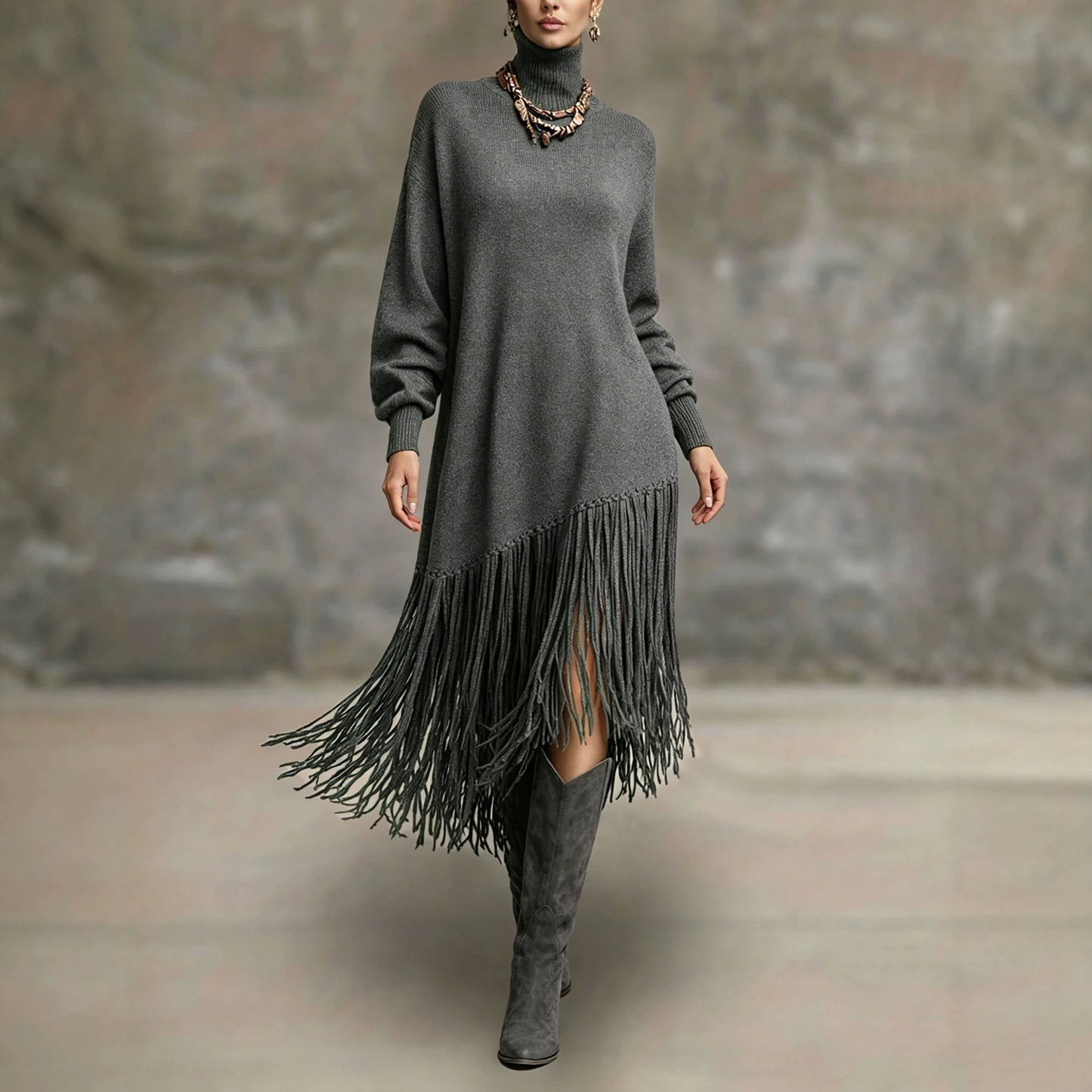 Women's Bohemian Long Fringe Design Solid Color Mature Dress