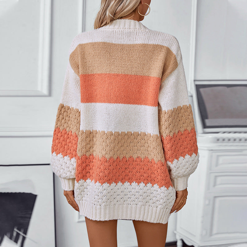 Women's Contrast Color Striped Casual Loose Lantern Sweater
