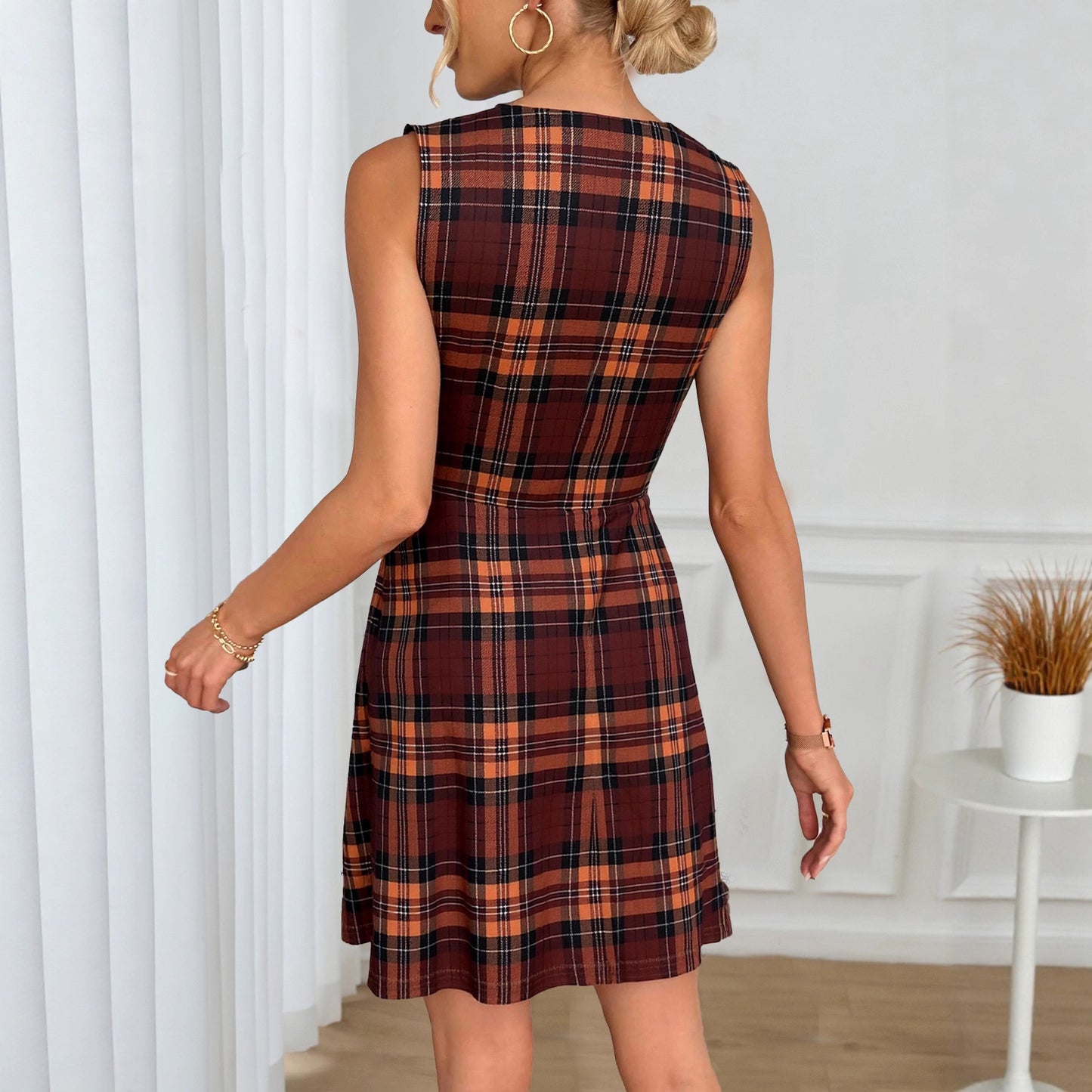 Women's Wear Elegant Red Plaid Sleeveless Round Dress