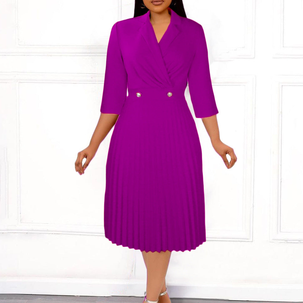 Women's Autumn Solid Color Elegant Collar Pleated Dress