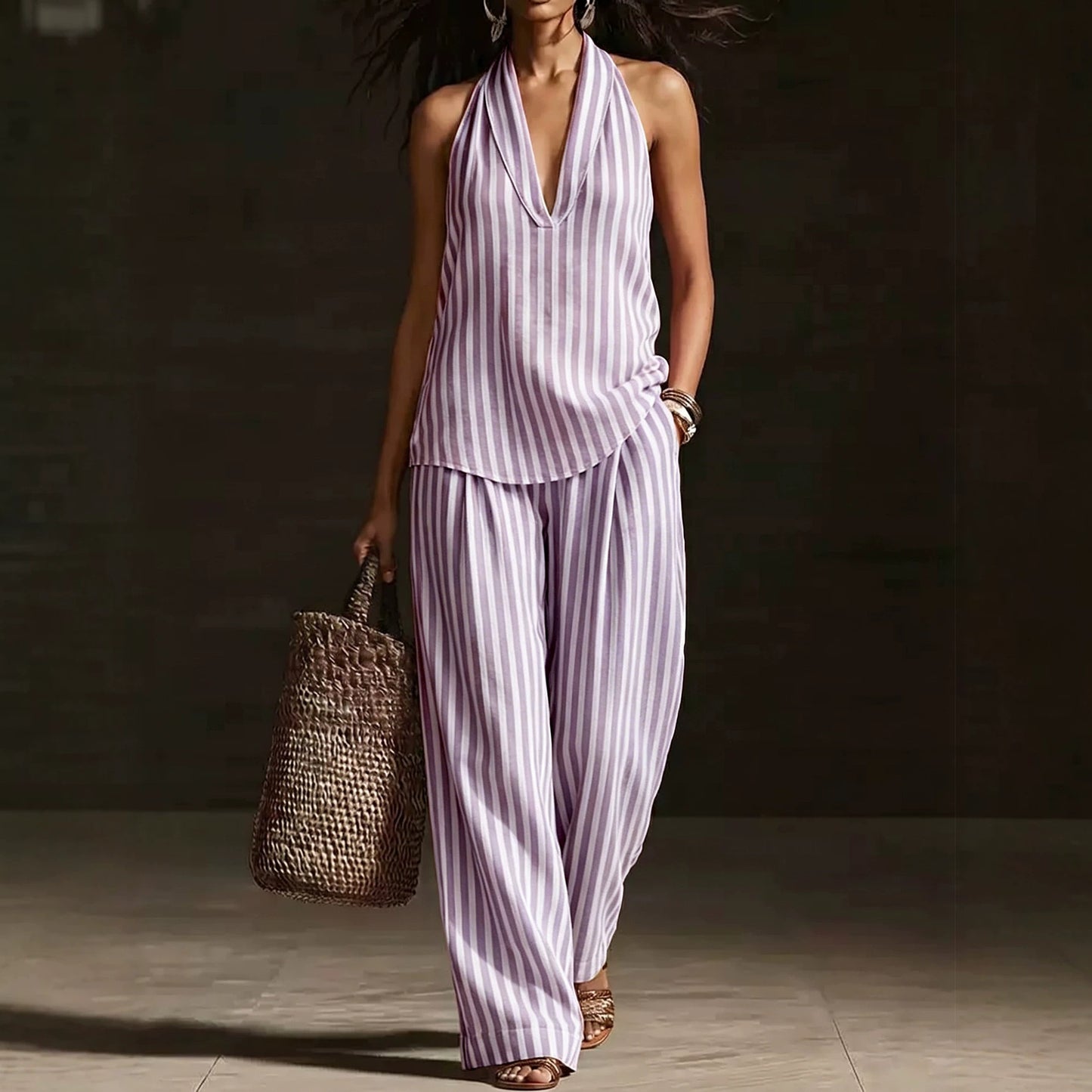 Striped Halter Sleeveless Cotton Linen Two-piece Fashion Casual Suit