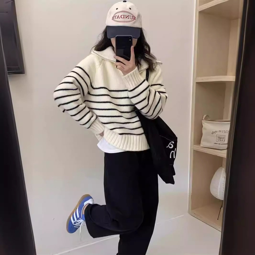 Women's Striped Half Zipper Pullover Korean Loose Lazy Sweater