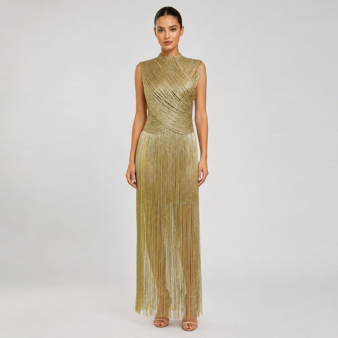 Women's Sleeveless Sier Tassel Bandage Banquet Party Dress