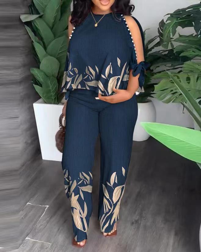 Women's Neck Bead Raglan Sleeve T-shirt Trousers Suits